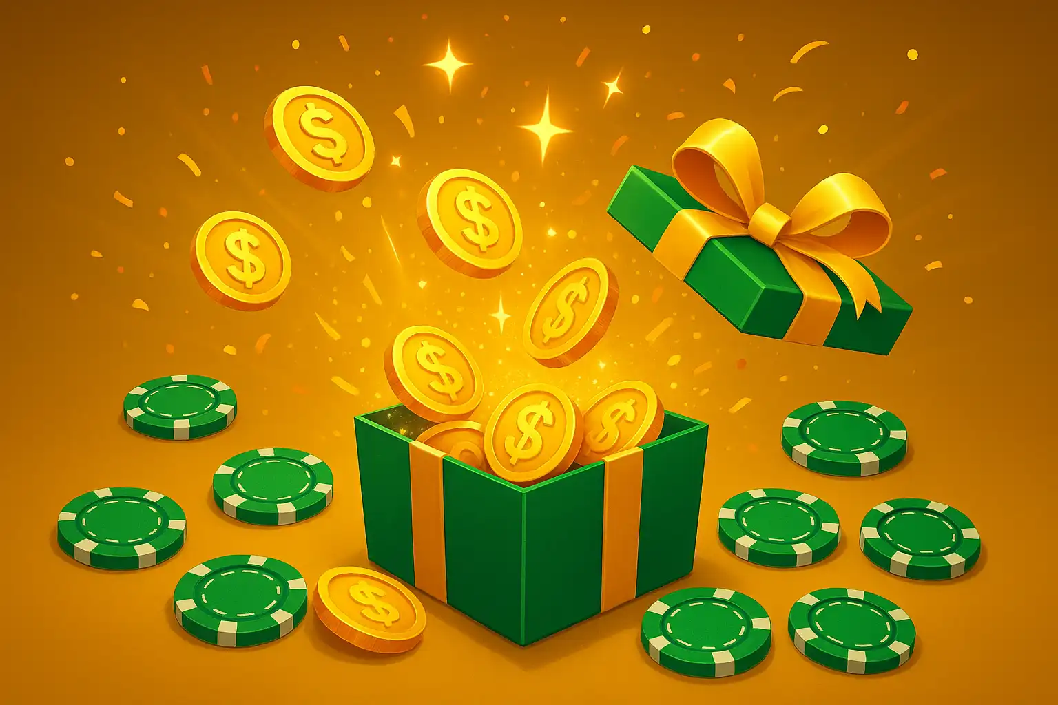 Gold bonus coins and a gift box bursting out of a casino chip stack