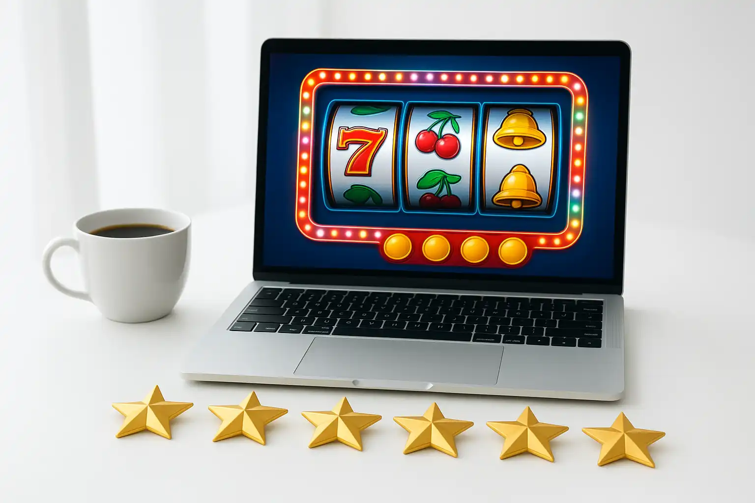 Reviewer's desk with a laptop showing casino slot graphics and a star rating