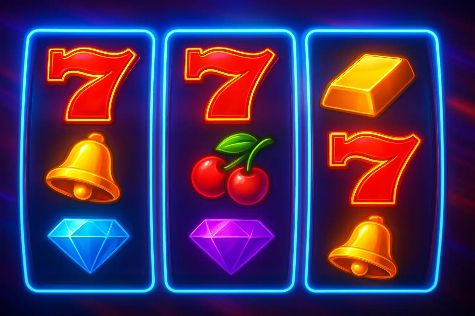 Collage of colourful online slot machine reels glowing on a casino screen